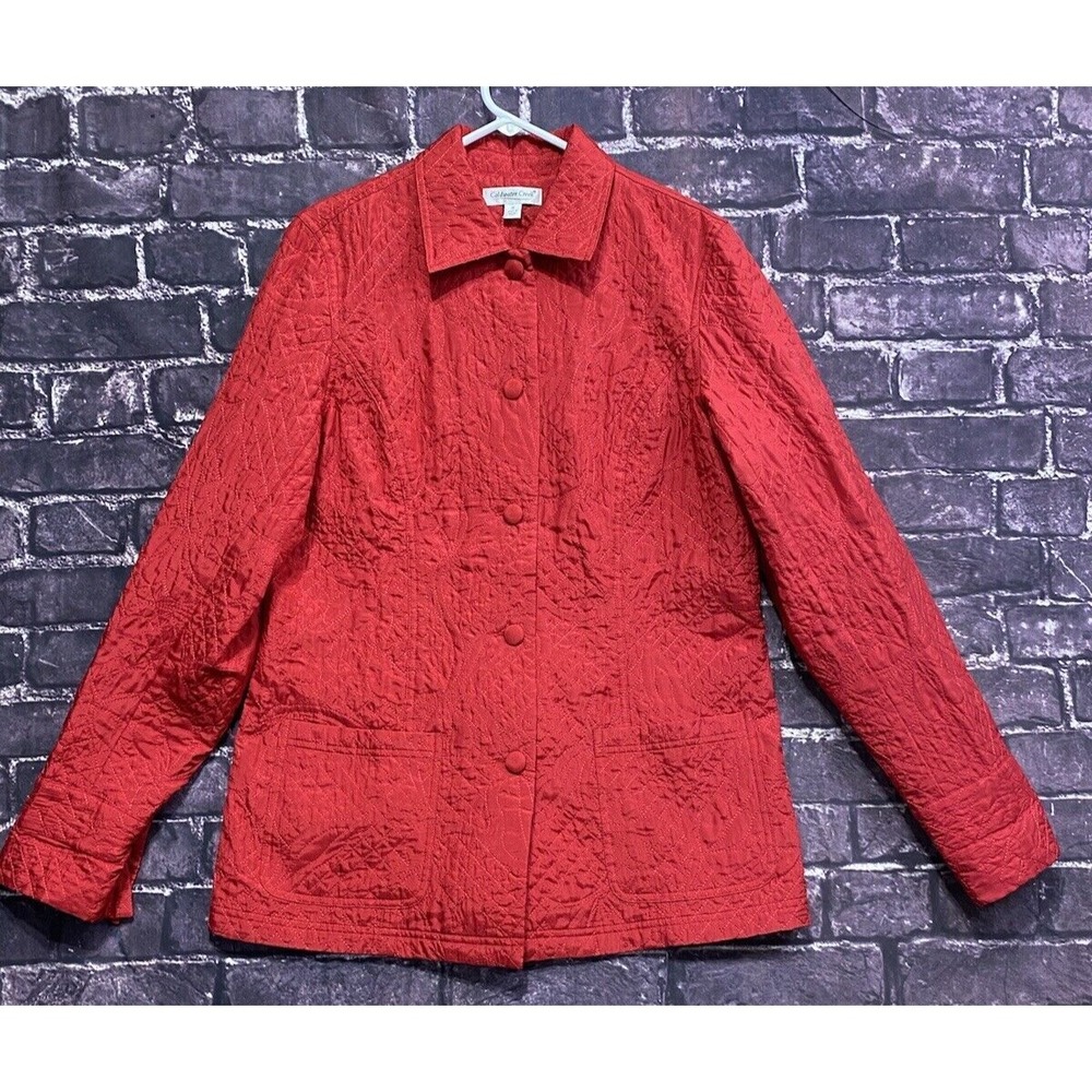 Coldwater Creek Silk Jacket Women Medium Red Quilted Floral Artsy Elegant Puffer